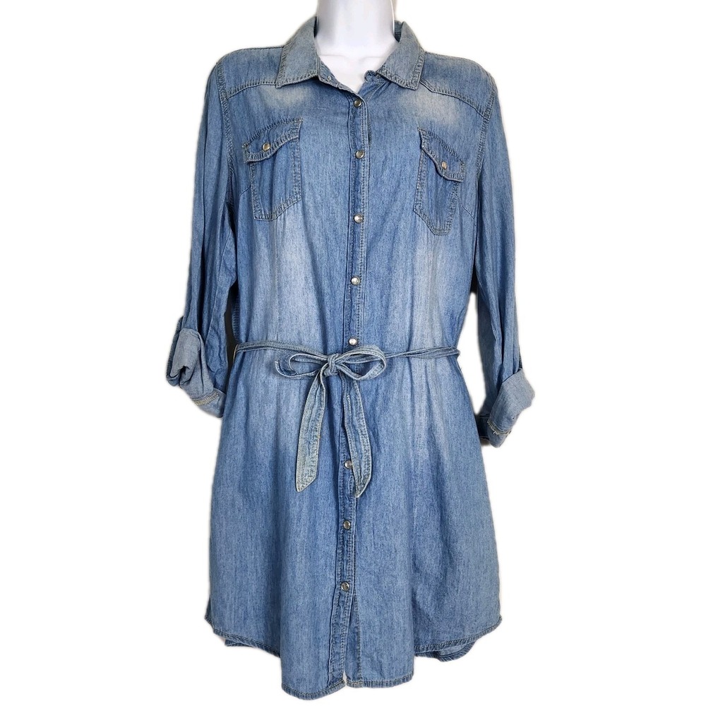 YMI Denim Shirt Dress Womens Size Large Blue Pearl Snap Button Tie Waist Western